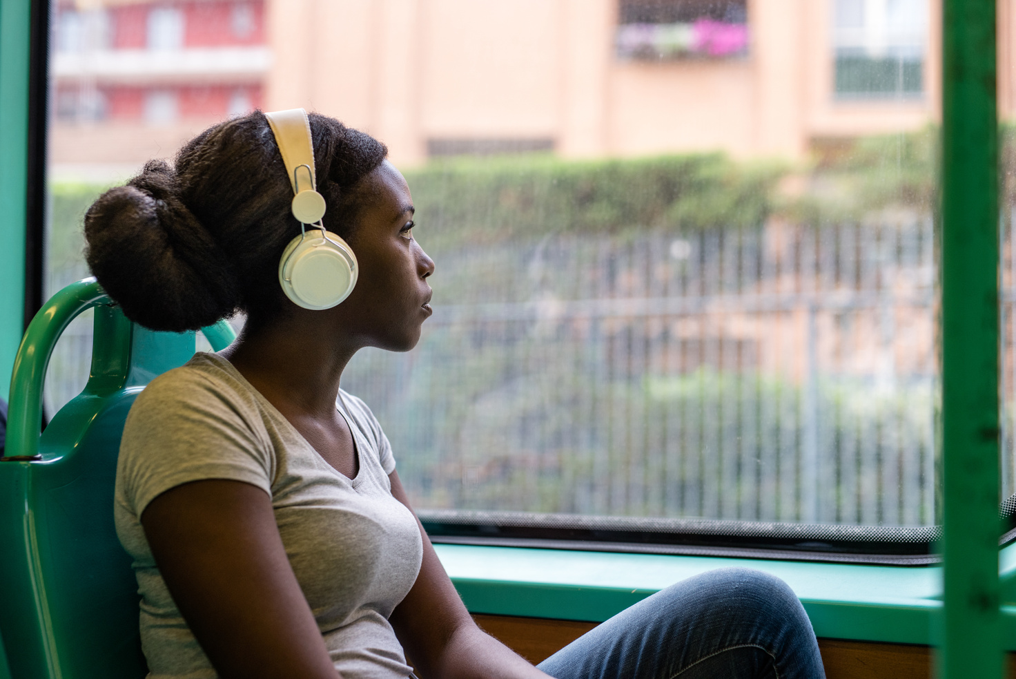 Young Black Woman Listening Music 